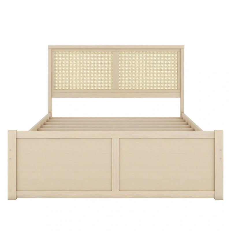 Lit de rangement Queen Size en pin massif avec 4 tiroirs et tête de lit en rotin