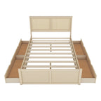 Lit de rangement Queen Size en pin massif avec 4 tiroirs et tête de lit en rotin