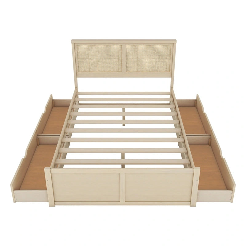 Lit de rangement Queen Size en pin massif avec 4 tiroirs et tête de lit en rotin