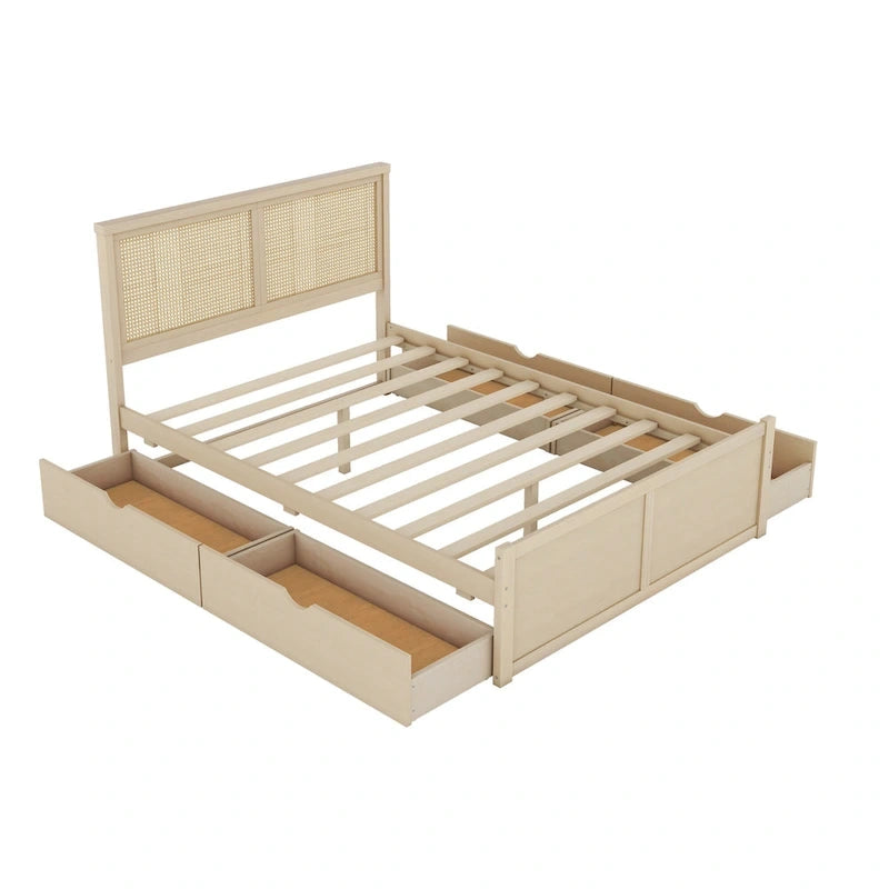 Lit de rangement Queen Size en pin massif avec 4 tiroirs et tête de lit en rotin