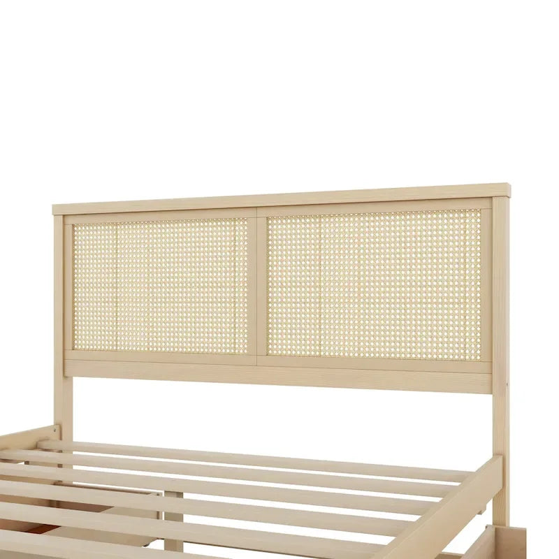 Lit de rangement Queen Size en pin massif avec 4 tiroirs et tête de lit en rotin