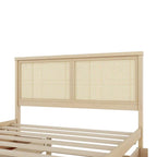 Lit de rangement Queen Size en pin massif avec 4 tiroirs et tête de lit en rotin
