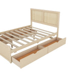 Lit de rangement Queen Size en pin massif avec 4 tiroirs et tête de lit en rotin