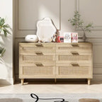 Commode double en rotin à 6 tiroirs avec poignées en métal, pieds en bois, armoire de rangement pour vêtements de chambre à coucher