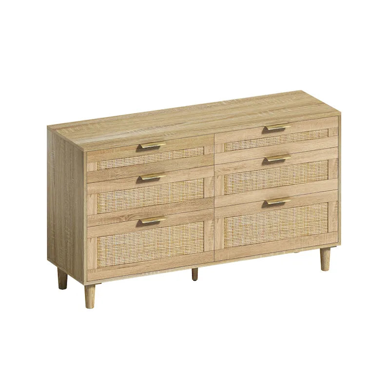 Commode double en rotin à 6 tiroirs avec poignées en métal, pieds en bois, armoire de rangement pour vêtements de chambre à coucher