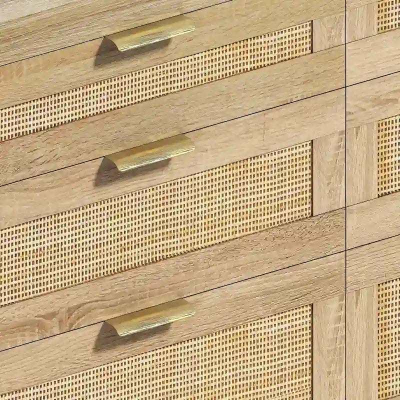 Commode double en rotin à 6 tiroirs avec poignées en métal, pieds en bois, armoire de rangement pour vêtements de chambre à coucher
