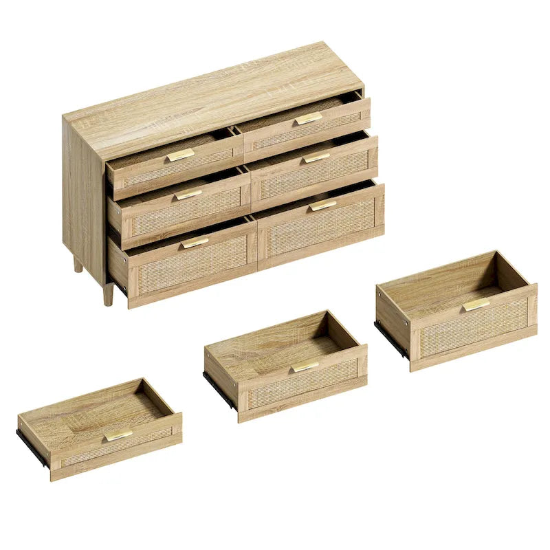 Commode double en rotin à 6 tiroirs avec poignées en métal, pieds en bois, armoire de rangement pour vêtements de chambre à coucher