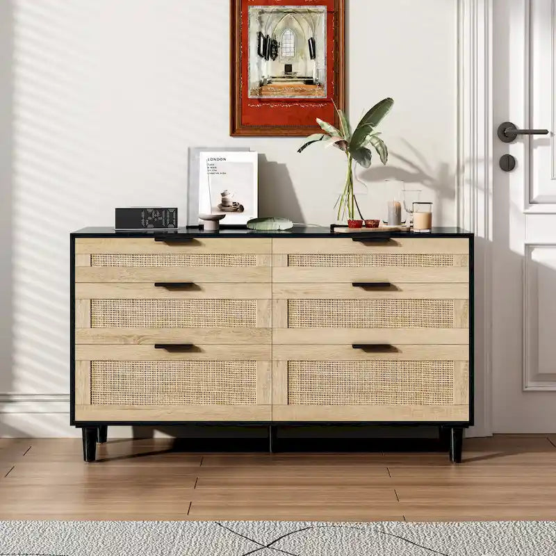 Commode double en rotin à 6 tiroirs avec poignées en métal, pieds en bois, armoire de rangement pour vêtements de chambre à coucher