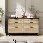 Commode double en rotin à 6 tiroirs avec poignées en métal, pieds en bois, armoire de rangement pour vêtements de chambre à coucher