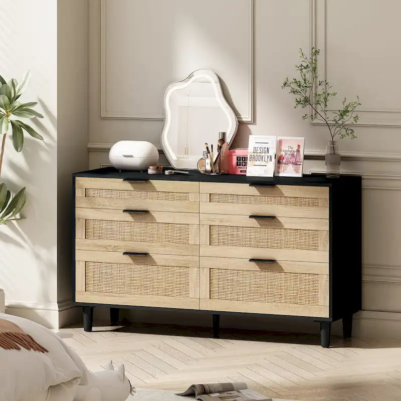 Commode double en rotin à 6 tiroirs avec poignées en métal, pieds en bois, armoire de rangement pour vêtements de chambre à coucher