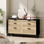 Commode double en rotin à 6 tiroirs avec poignées en métal, pieds en bois, armoire de rangement pour vêtements de chambre à coucher