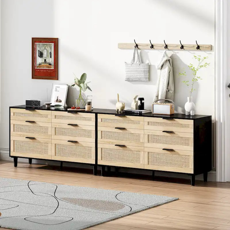 Commode double en rotin à 6 tiroirs avec poignées en métal, pieds en bois, armoire de rangement pour vêtements de chambre à coucher