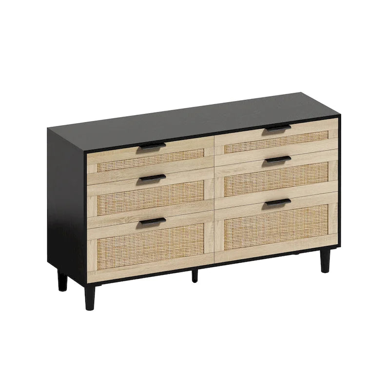 Commode double en rotin à 6 tiroirs avec poignées en métal, pieds en bois, armoire de rangement pour vêtements de chambre à coucher