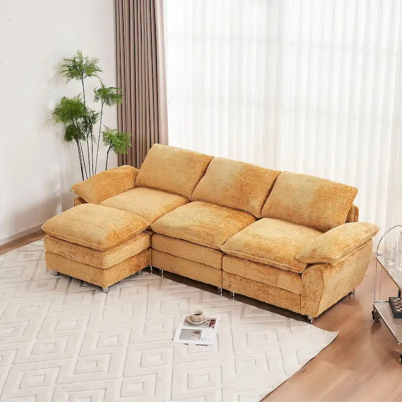 Canapé sectionnel d'angle en chenille jaune de 258 cm avec ottoman – Capacité de 360 kg, ressorts ensachés