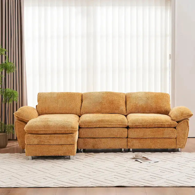 Canapé sectionnel d'angle en chenille jaune de 258 cm avec ottoman – Capacité de 360 kg, ressorts ensachés