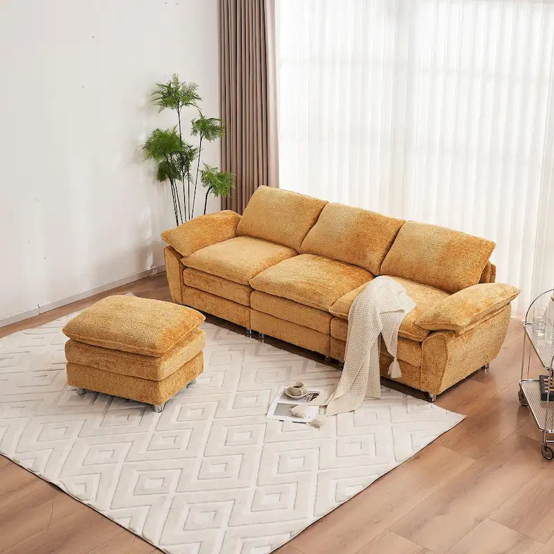 Canapé sectionnel d'angle en chenille jaune de 258 cm avec ottoman – Capacité de 360 kg, ressorts ensachés