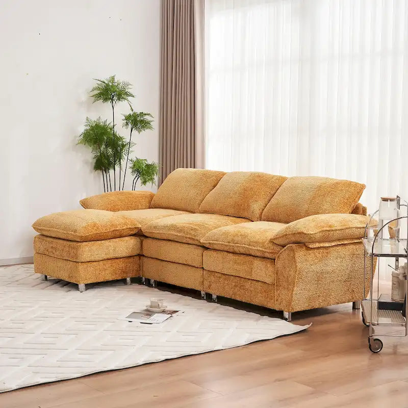 Canapé sectionnel d'angle en chenille jaune de 258 cm avec ottoman – Capacité de 360 kg, ressorts ensachés