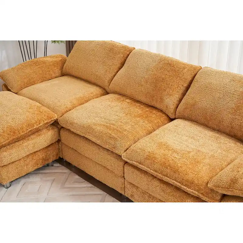 Canapé sectionnel d'angle en chenille jaune de 258 cm avec ottoman – Capacité de 360 kg, ressorts ensachés