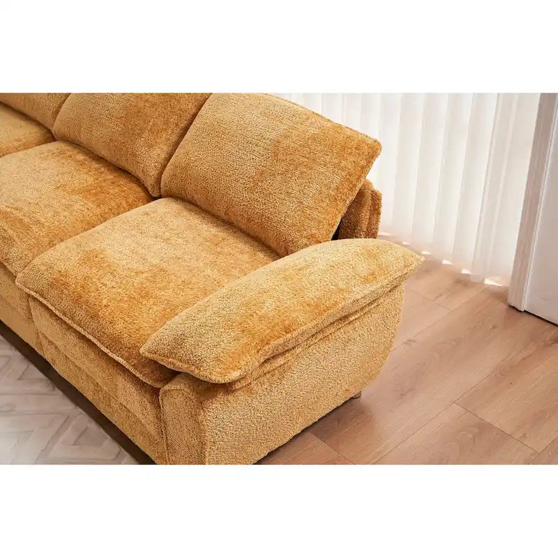 Canapé sectionnel d'angle en chenille jaune de 258 cm avec ottoman – Capacité de 360 kg, ressorts ensachés