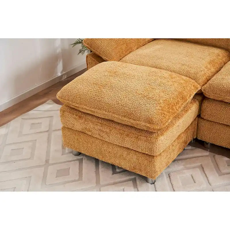Canapé sectionnel d'angle en chenille jaune de 258 cm avec ottoman – Capacité de 360 kg, ressorts ensachés