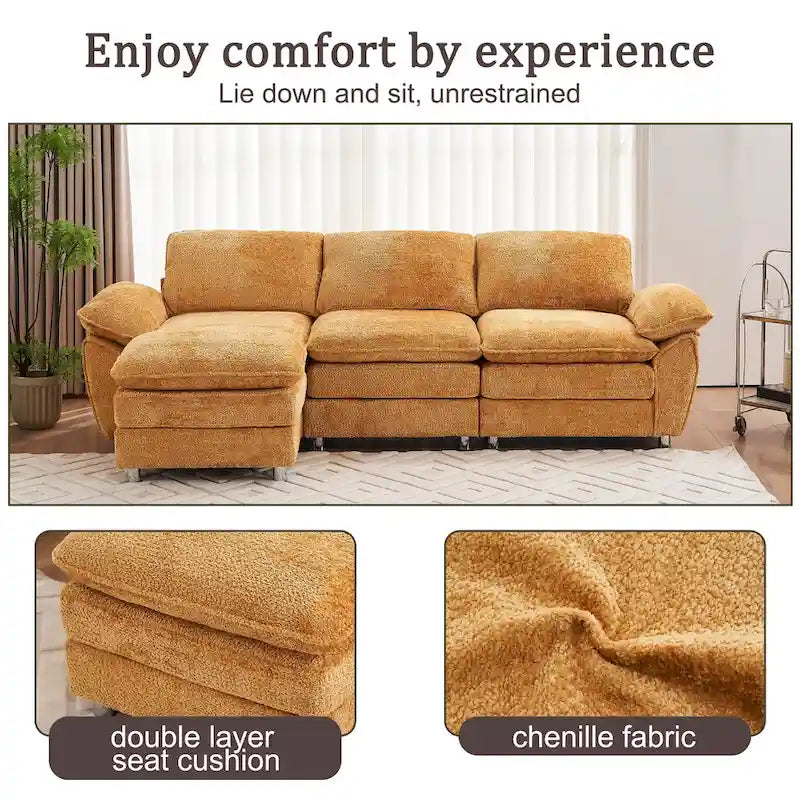 Canapé sectionnel d'angle en chenille jaune de 258 cm avec ottoman – Capacité de 360 kg, ressorts ensachés