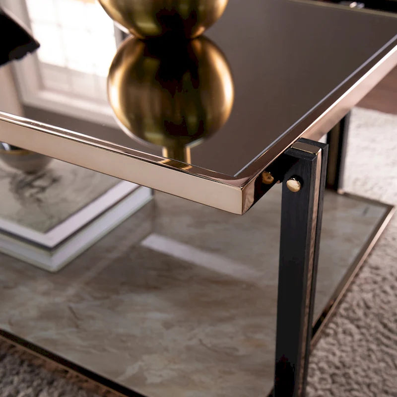 Table basse en métal couleur champagne avec miroir fumé et plateau en faux marbre – 45 po