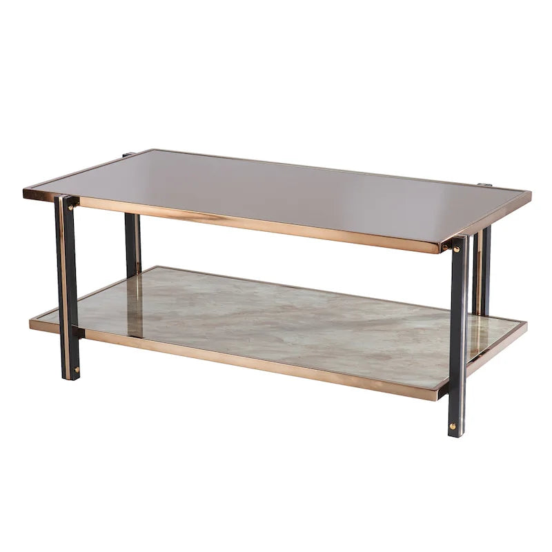 Table basse en métal couleur champagne avec miroir fumé et plateau en faux marbre – 45 po