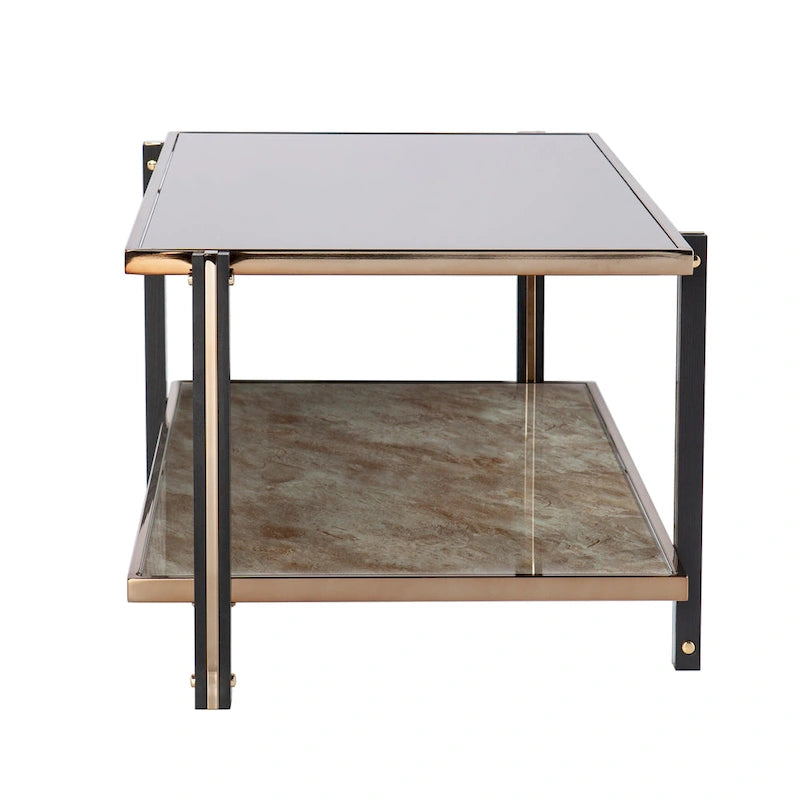 Table basse en métal couleur champagne avec miroir fumé et plateau en faux marbre – 45 po