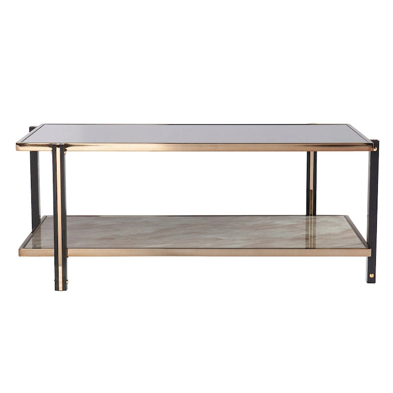 Table basse en métal couleur champagne avec miroir fumé et plateau en faux marbre – 45 po