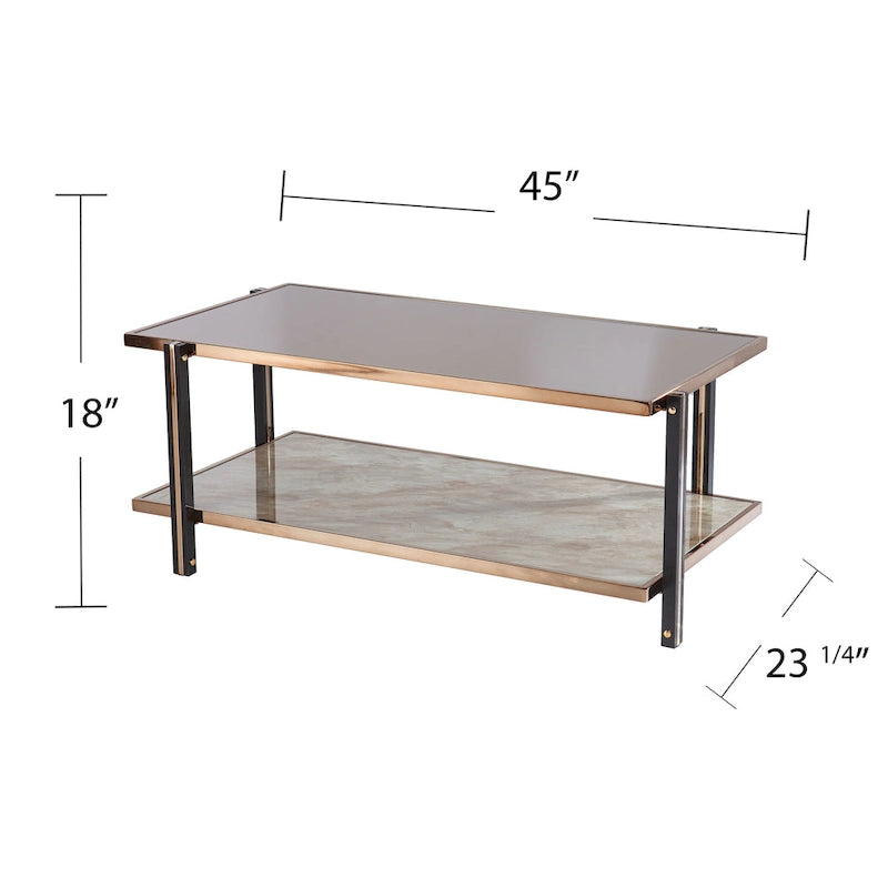 Table basse en métal couleur champagne avec miroir fumé et plateau en faux marbre – 45 po