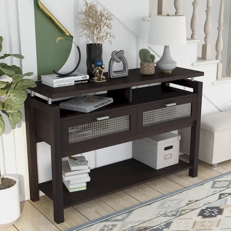 Table console de canapé 47" Espresso moderne avec 2 armoires à abattant et étagères ouvertes