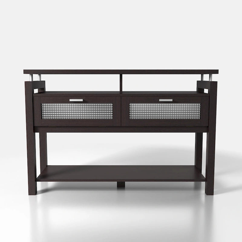 Table console de canapé 47" Espresso moderne avec 2 armoires à abattant et étagères ouvertes