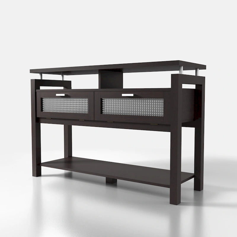 Table console de canapé 47" Espresso moderne avec 2 armoires à abattant et étagères ouvertes