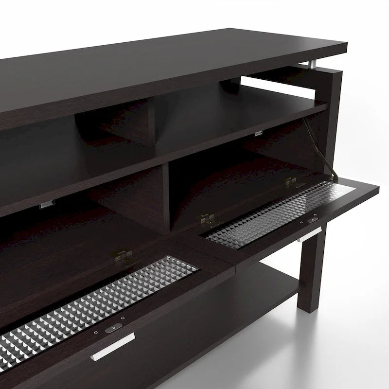 Table console de canapé 47" Espresso moderne avec 2 armoires à abattant et étagères ouvertes
