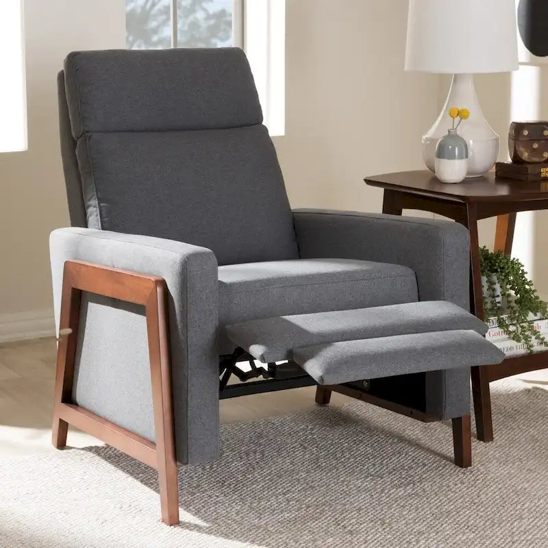 Fauteuil inclinable en tissu de style Mid-Century avec finition en noyer et repose-pieds