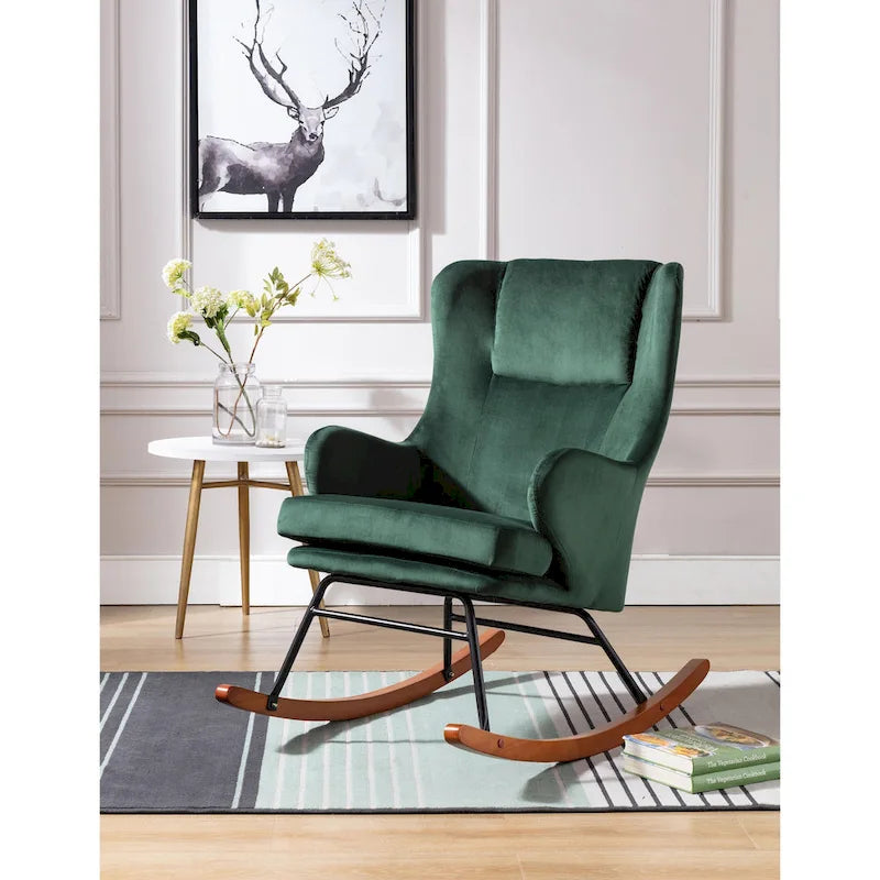 Fauteuil d'appoint à bascule en velours avec pieds en bois d'hévéa et en acier