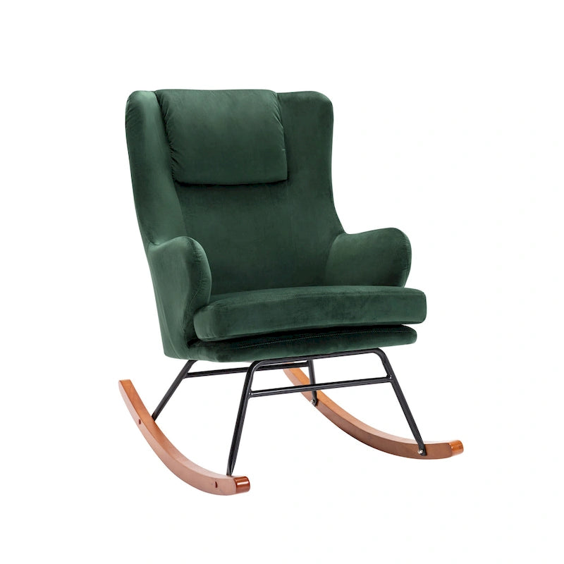 Fauteuil d'appoint à bascule en velours avec pieds en bois d'hévéa et en acier