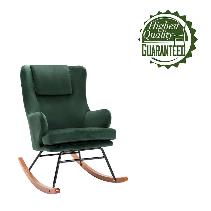 Fauteuil d'appoint à bascule en velours avec pieds en bois d'hévéa et en acier