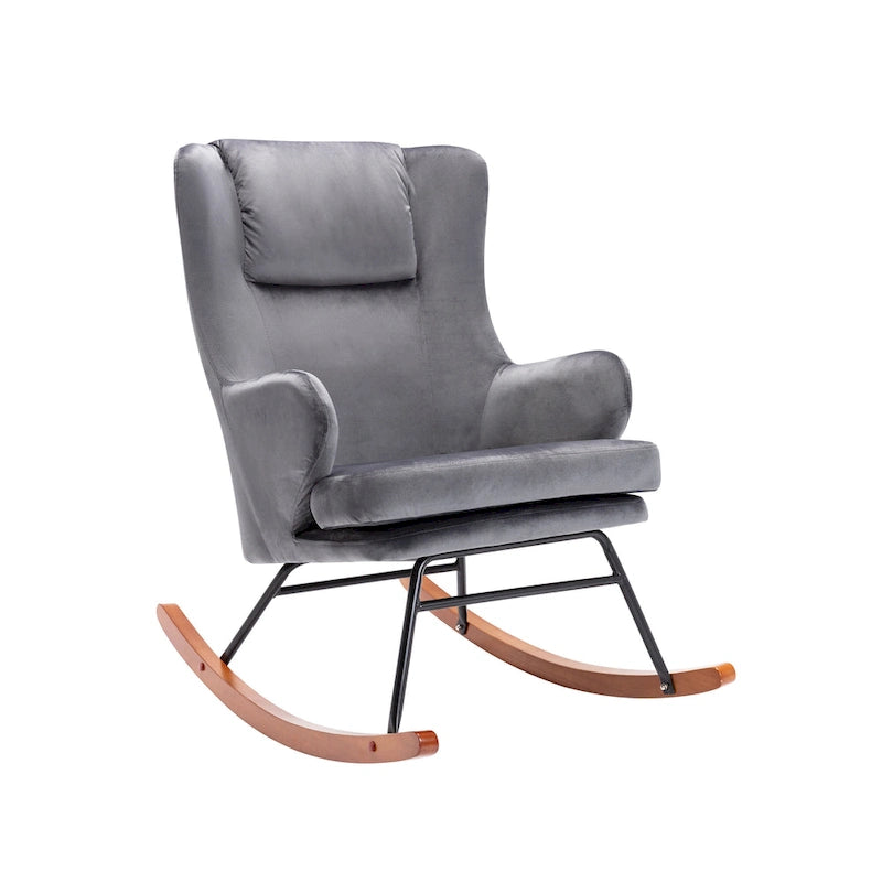 Fauteuil d'appoint à bascule en velours avec pieds en bois d'hévéa et en acier