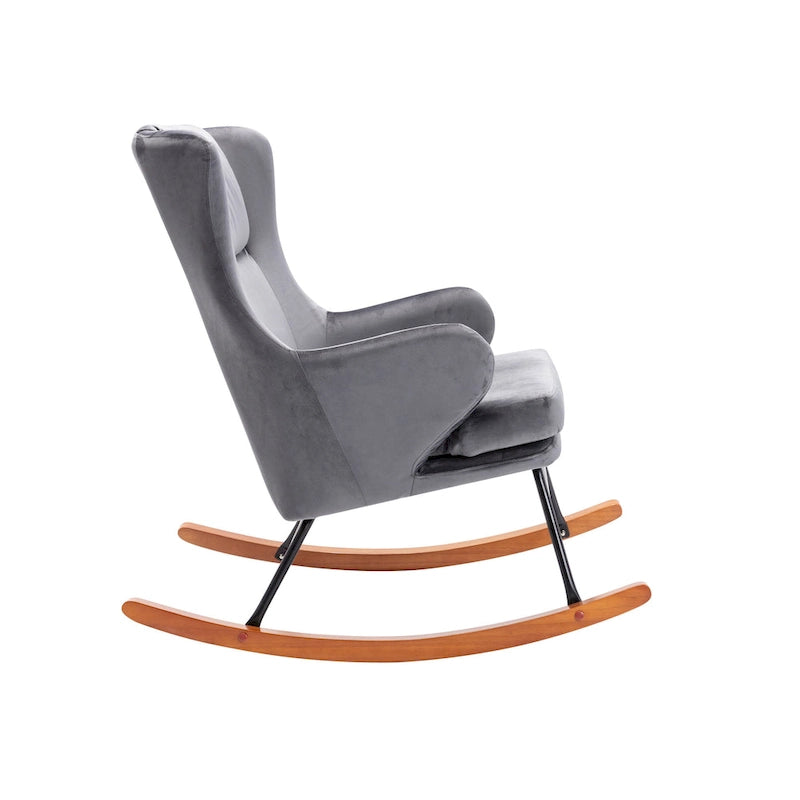 Fauteuil d'appoint à bascule en velours avec pieds en bois d'hévéa et en acier