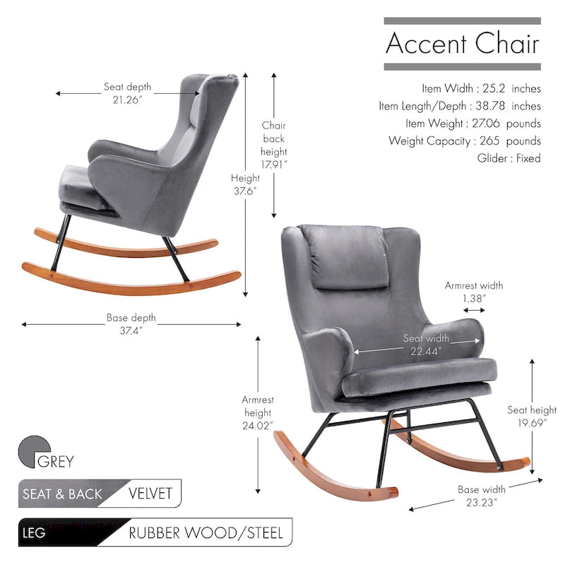 Fauteuil d'appoint à bascule en velours avec pieds en bois d'hévéa et en acier