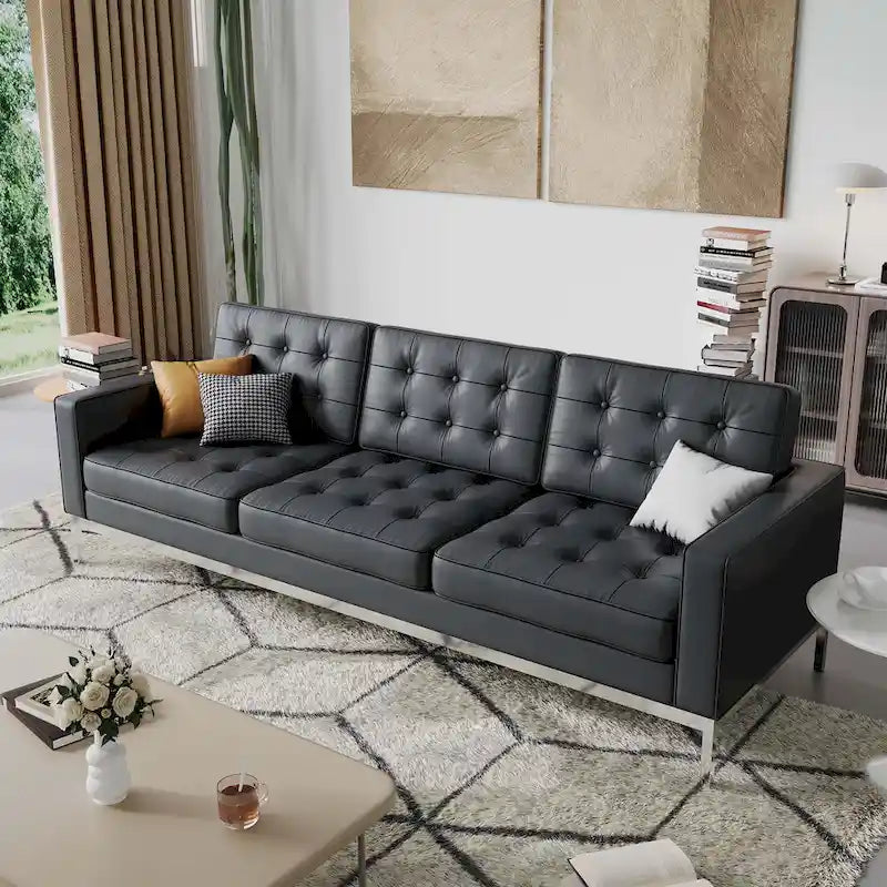 Canapé de Luxe Moderne avec Coussins capitonnés et Structure en Acier Inoxydable Poli – Minimaliste