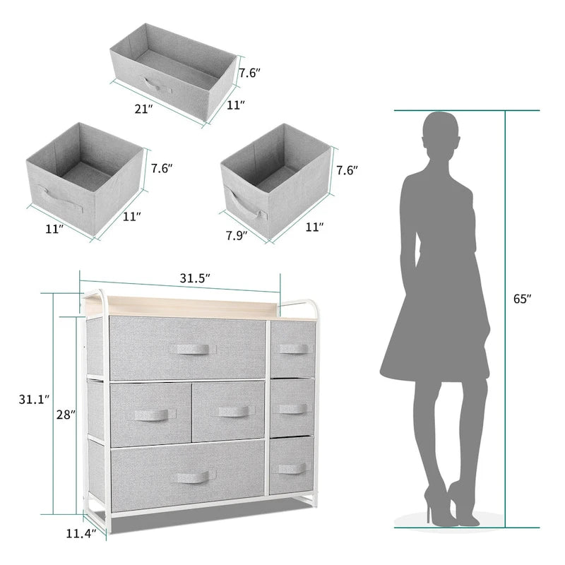 Commode de rangement multifonctionnelle à 7 tiroirs, grise