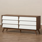 Commode à 6 tiroirs de style Mid-Century avec finition bicolore noyer et blanc