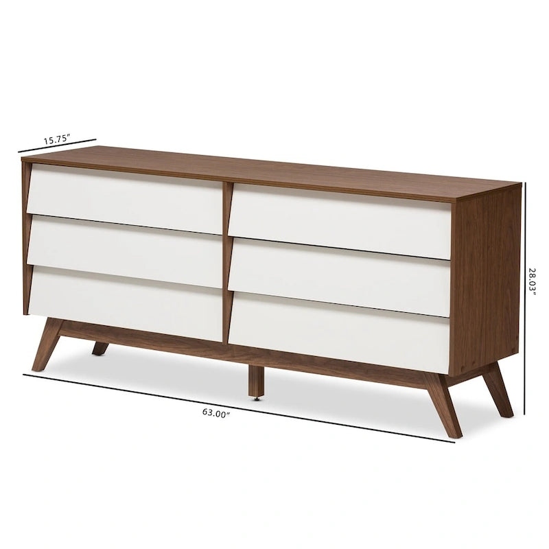 Commode à 6 tiroirs de style Mid-Century avec finition bicolore noyer et blanc