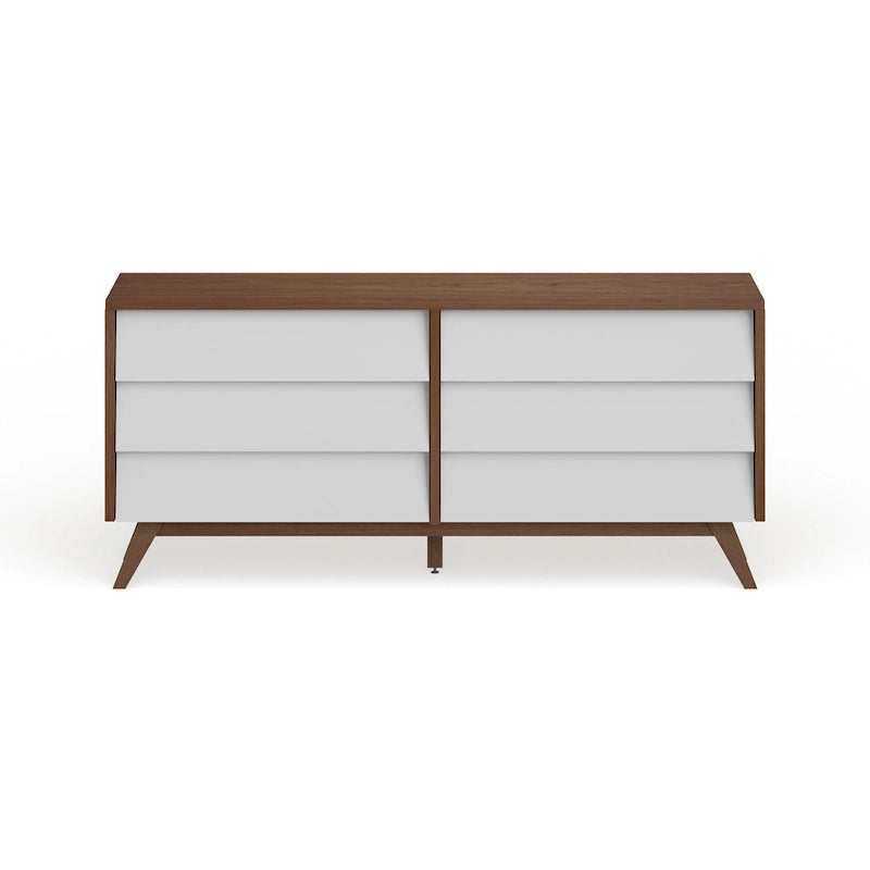 Commode à 6 tiroirs de style Mid-Century avec finition bicolore noyer et blanc