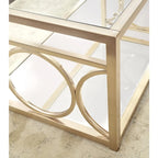 Table d'appoint géométrique moderne en métal doré avec plateau en verre trempé et étagère miroir