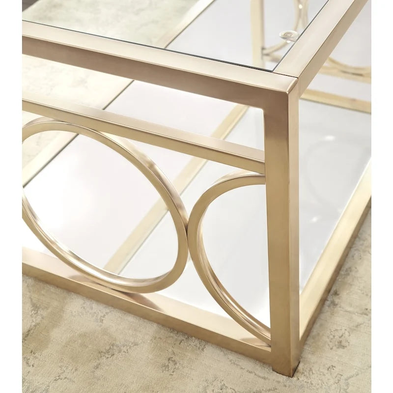 Table d'appoint géométrique moderne en métal doré avec plateau en verre trempé et étagère miroir