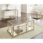 Table d'appoint géométrique moderne en métal doré avec plateau en verre trempé et étagère miroir