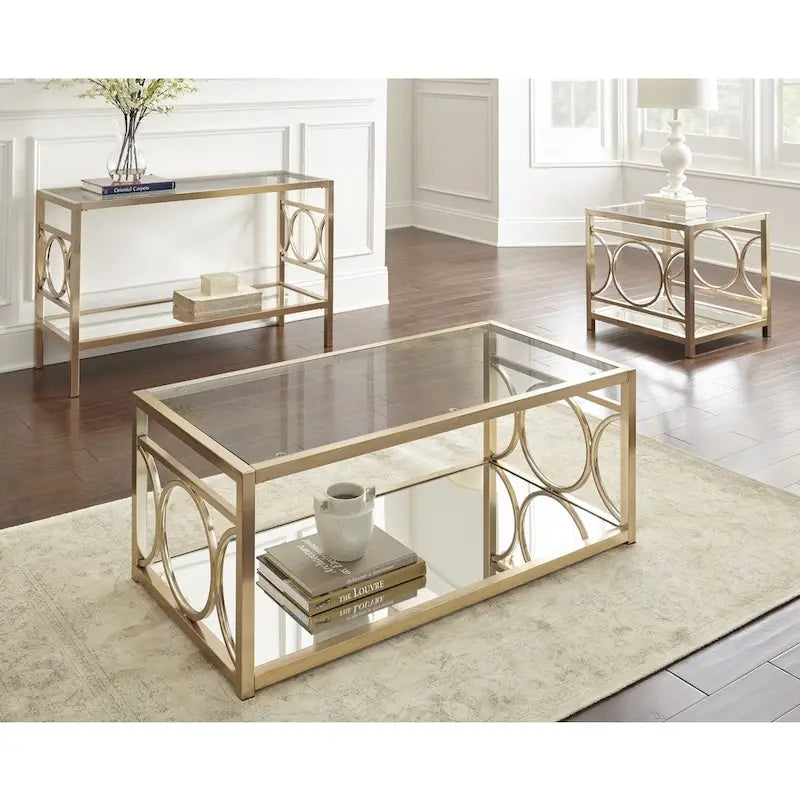 Table d'appoint géométrique moderne en métal doré avec plateau en verre trempé et étagère miroir